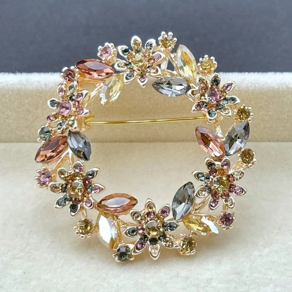 Rose Gold with Multicolored Crystal Floral Flower Leaf Wreath Pin Back Brooch